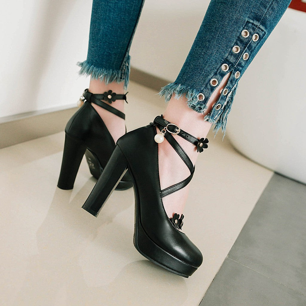 Cross Straps Flower High Heel Platform Pumps Shoes Woman 3043