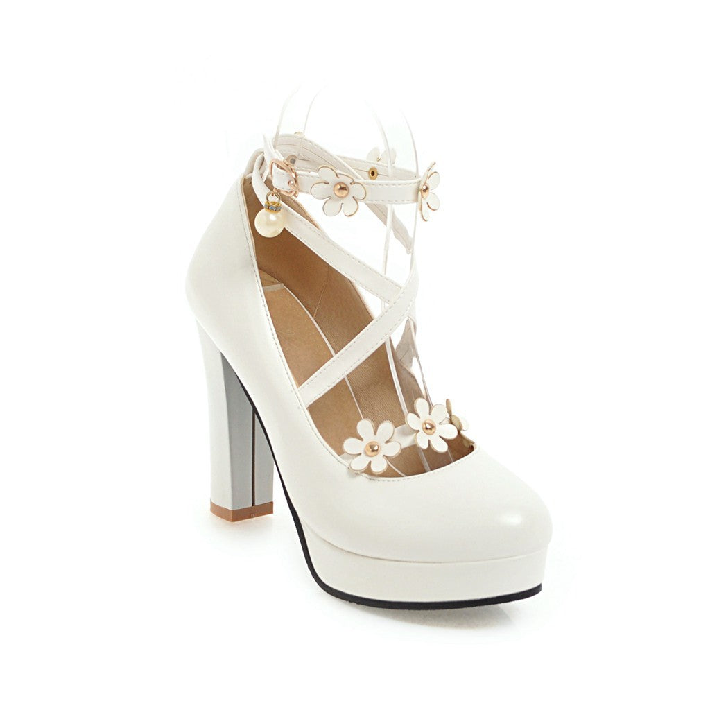 Cross Straps Flower High Heel Platform Pumps Shoes Woman 3043