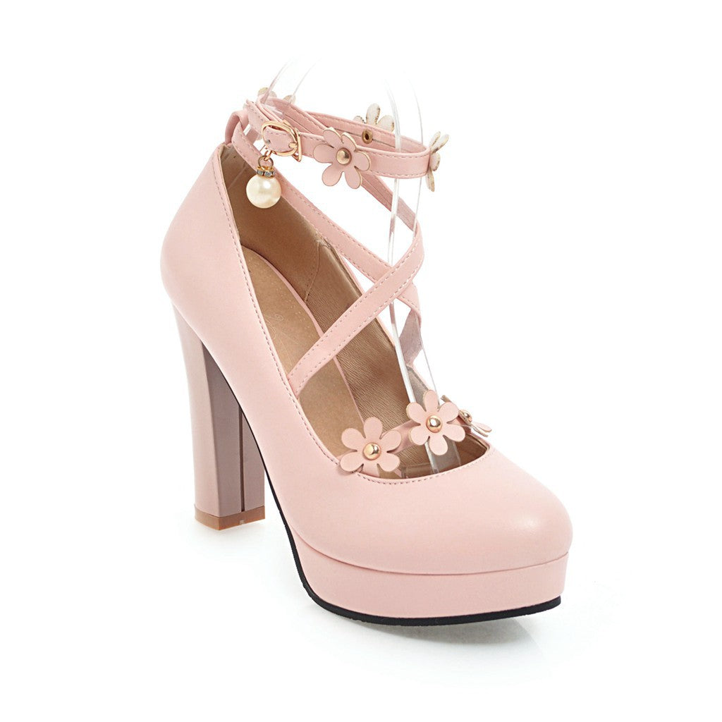 Cross Straps Flower High Heel Platform Pumps Shoes Woman 3043