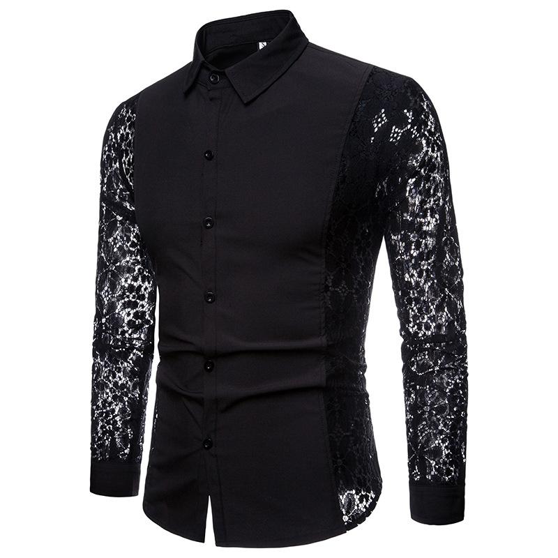 Men's Lace Solid Color Fashion Design Long Sleeves Turndown Shirts