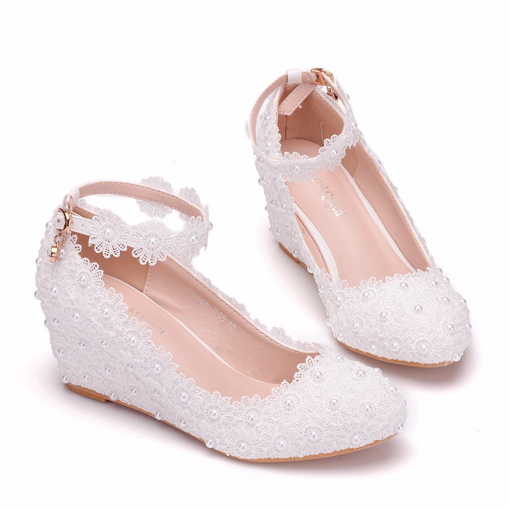 Pearls Lace Shallow Ankle Strap 5.5cm Wedge Heel Women Pumps Wedding Shoes