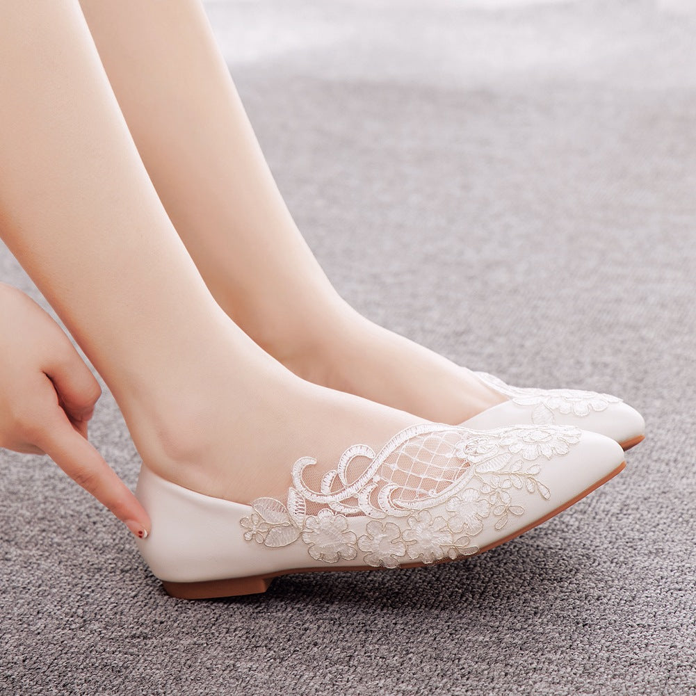 Women Pointed Toe Shallow Lace Mesh Flora Bridal Wedding Flat Shoes