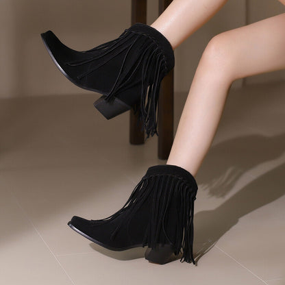 Women's Tassel Pointed Toe Block Heel Short Boots