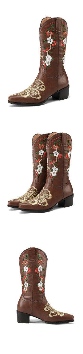 Women's Flowers Embroider Block Heel Western Boots