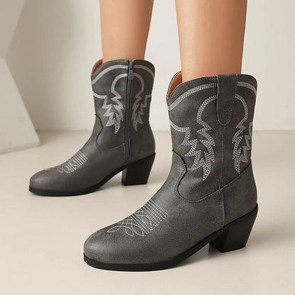 Women's Embroider Round Toe Block Heel Western Boots