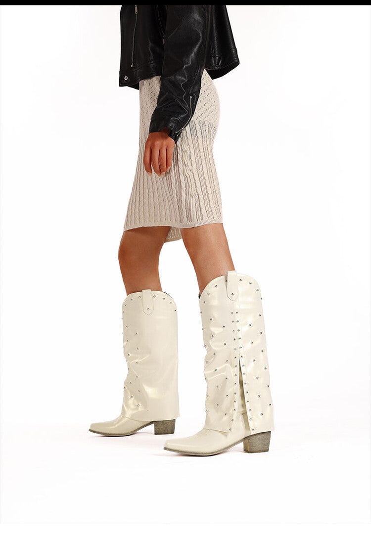Women's Rivets Block Heel Mid Calf Boots
