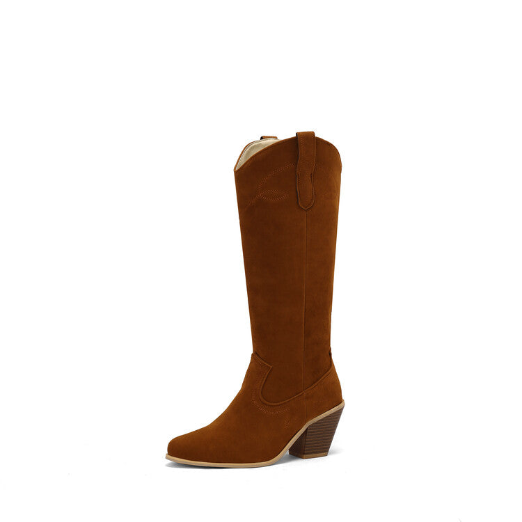 Women's Embroider Pointed Toe Block Heel Knee High Western Boots