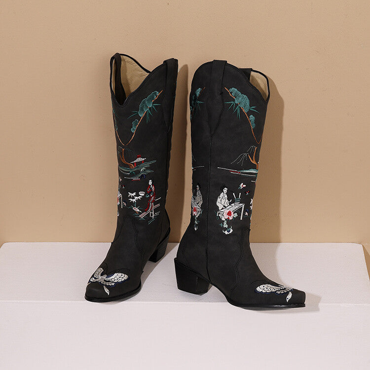 Women's Printed Embroider Block Heel Western Boots
