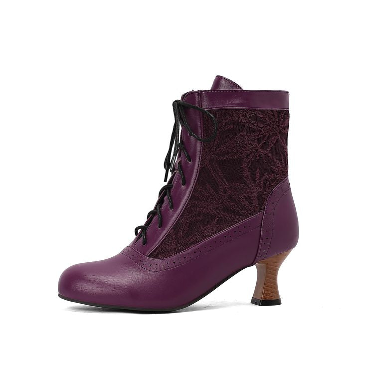 Women's Embroider Lace-Up Round Toe Hoof Heel Ankle Boots