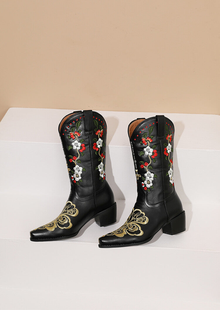 Women's Flowers Embroider Block Heel Western Boots