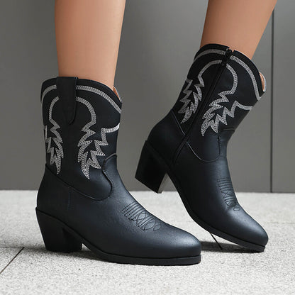 Women's Embroider Round Toe Block Heel Western Boots