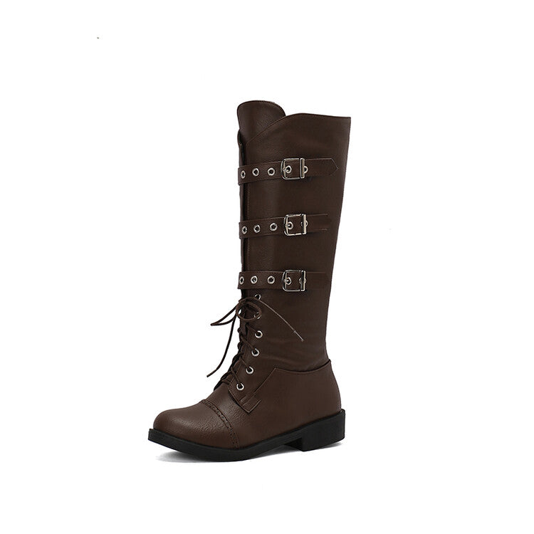 Women's Buckle Strap Round Toe Knee High Boots