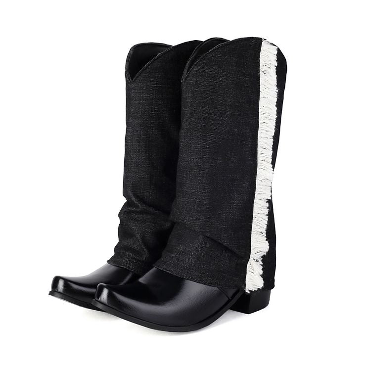 Women's  Patchwork Tassel Pointed Toe Square Heel  Western Boots
