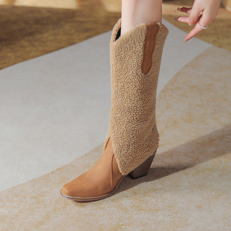Women'S Fluff Square Toe Block Heel Knee High Western Boots