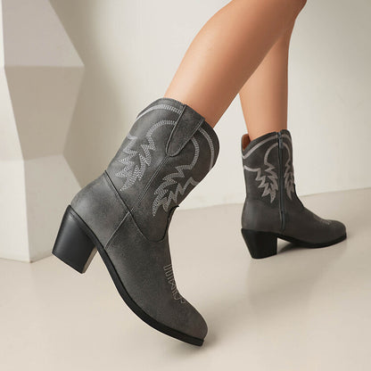 Women's Embroider Round Toe Block Heel Western Boots