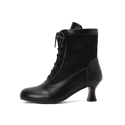 Women's Embroider Lace-Up Round Toe Hoof Heel Ankle Boots