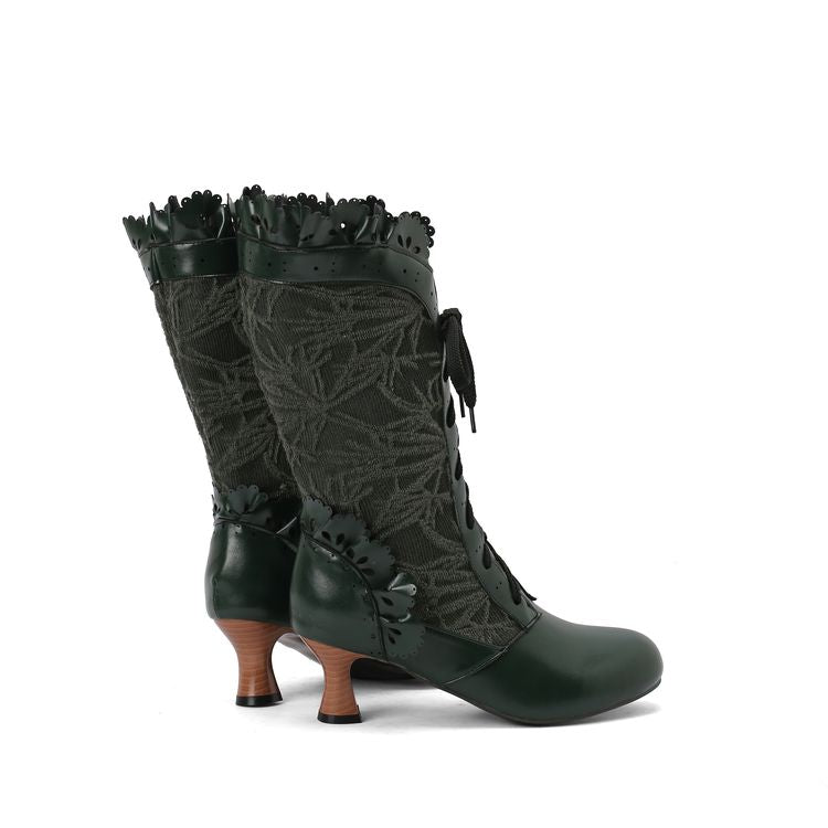 Women's Lace Lace-Up Round Toe Hoof Heel Mid Calf Boots