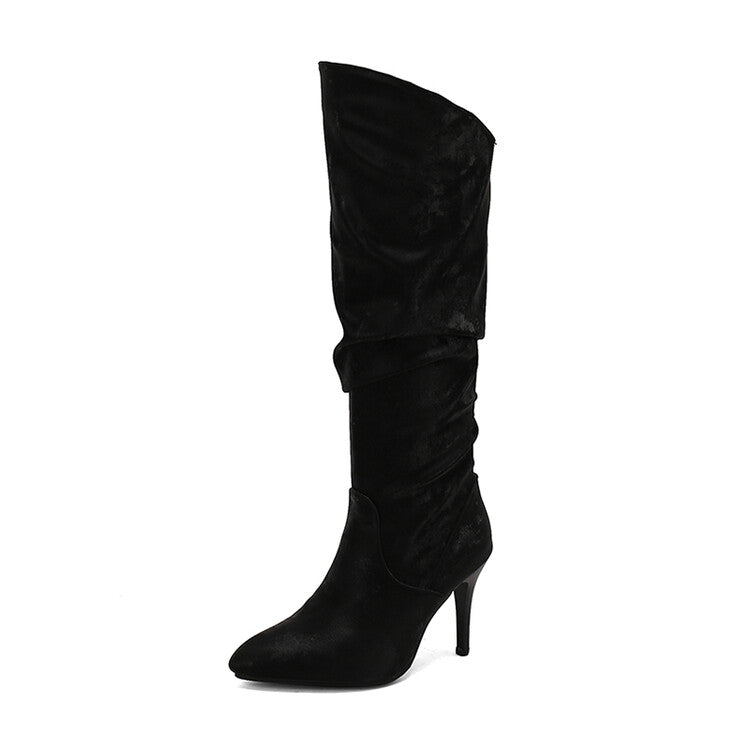 Women's Pleated Pointed Toe Thin Heel Knee High Boots