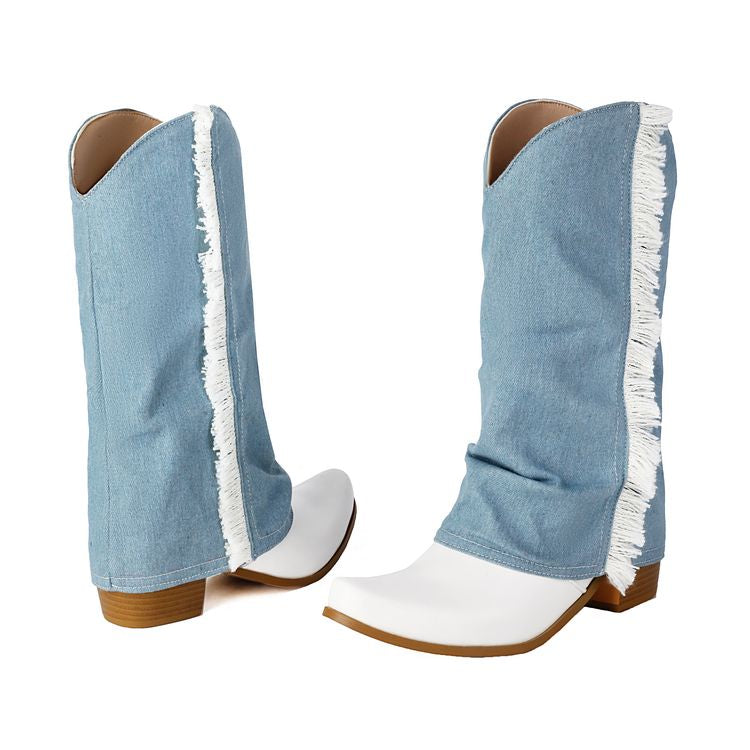Women's  Patchwork Tassel Pointed Toe Square Heel  Western Boots