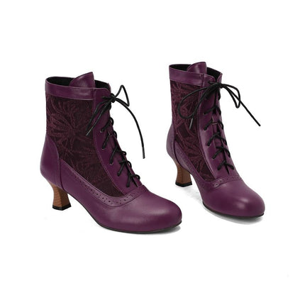 Women's Embroider Lace-Up Round Toe Hoof Heel Ankle Boots