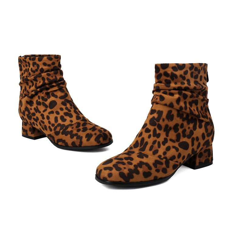 Women'S Leopard Print Round Toe Block Heel Ankle Boots