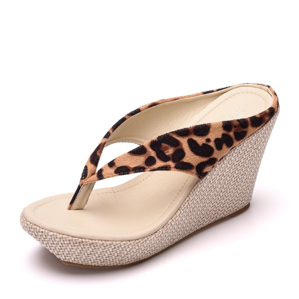 Women Leopard Print Wedge Heel Sandbeach Flip Flops Slides