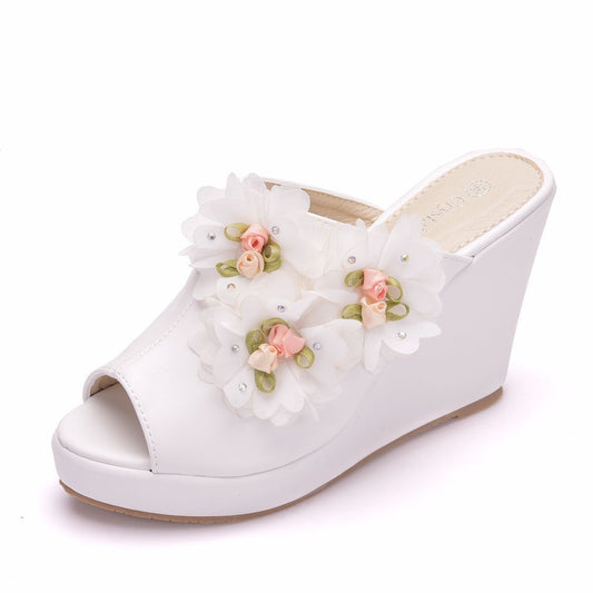 Women Flower Peep Toe Wedge Heel Platform Slides