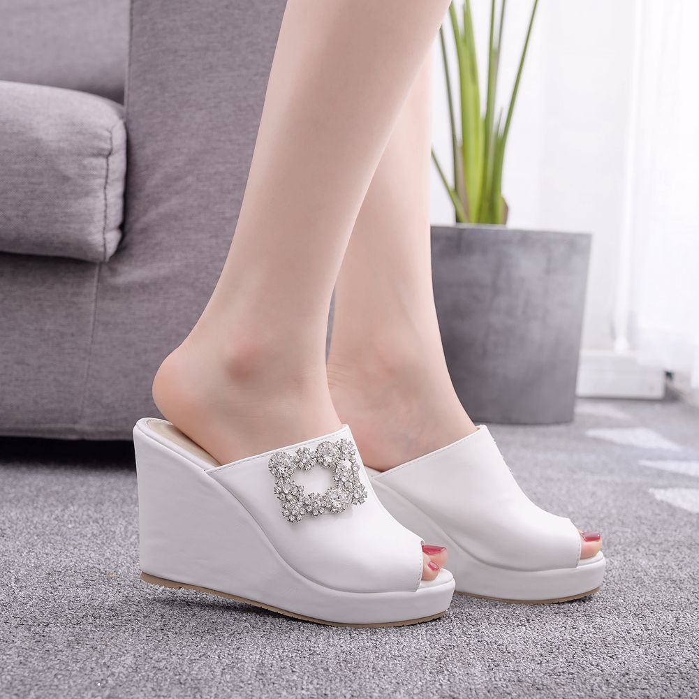 Women Square Buckles Rhinestone Peep Toe Wedge Heel Platform Slides