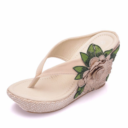 Women Embroidery Flora Wedge Heel Flip Flops