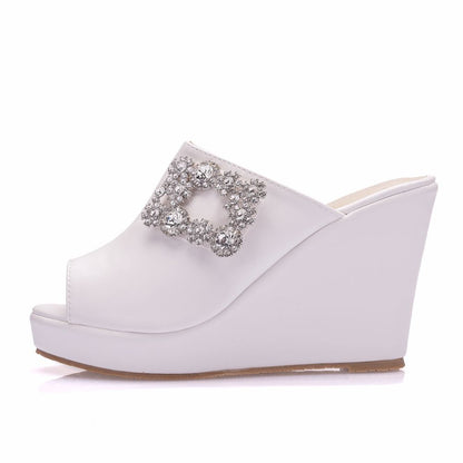 Women Square Buckles Rhinestone Peep Toe Wedge Heel Platform Slides