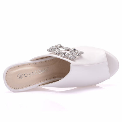 Women Square Buckles Rhinestone Peep Toe Wedge Heel Platform Slides