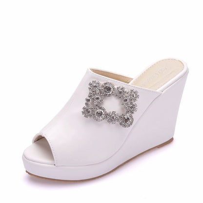 Women Square Buckles Rhinestone Peep Toe Wedge Heel Platform Slides