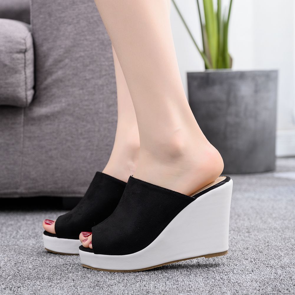 Women Bicolor Peep Toe Wedge Heel Platform Slides