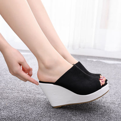 Women Bicolor Peep Toe Wedge Heel Platform Slides