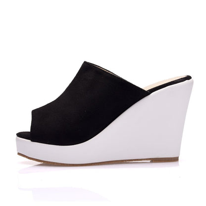 Women Bicolor Peep Toe Wedge Heel Platform Slides