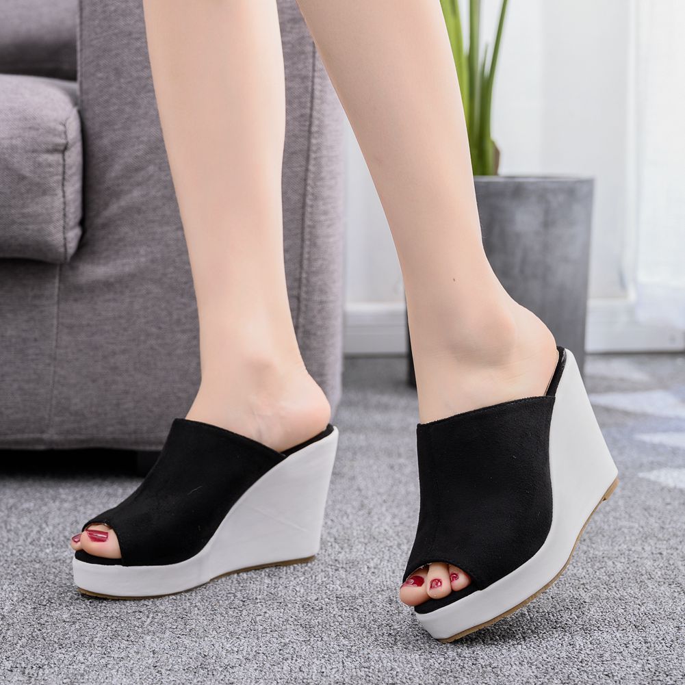 Women Bicolor Peep Toe Wedge Heel Platform Slides