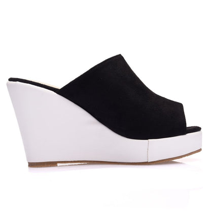 Women Bicolor Peep Toe Wedge Heel Platform Slides