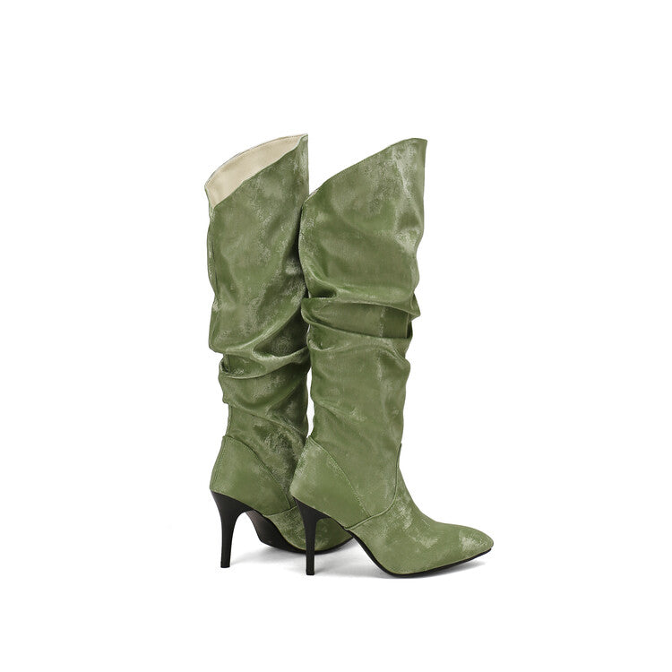 Women's Pleated Pointed Toe Thin Heel Knee High Boots