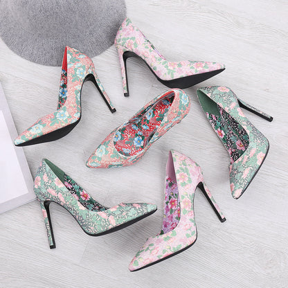 Ladies Flora Printed Pointed Toe Shallow Stiletto Heel Pumps