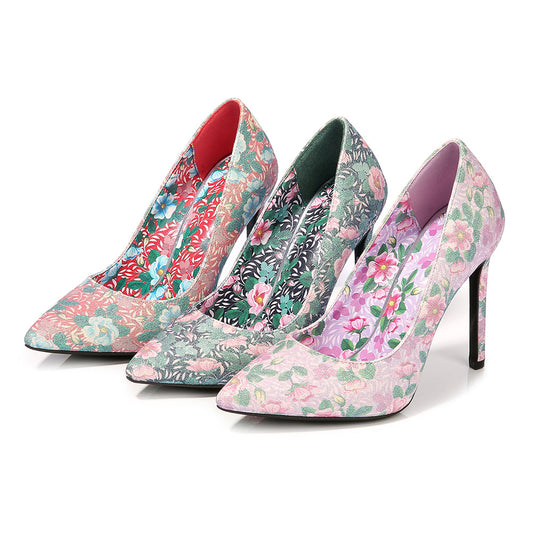 Ladies Flora Printed Pointed Toe Shallow Stiletto Heel Pumps