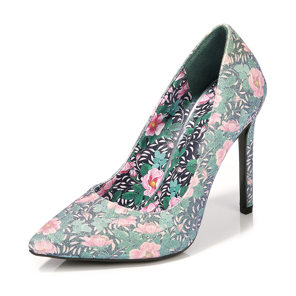 Ladies Flora Printed Pointed Toe Shallow Stiletto Heel Pumps