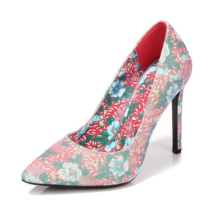 Ladies Flora Printed Pointed Toe Shallow Stiletto Heel Pumps