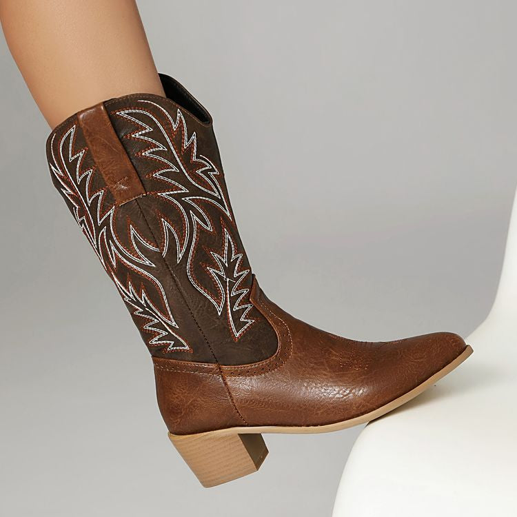 Women's Embroider Pointed Toe Low Heel Mid Calf Western Boots