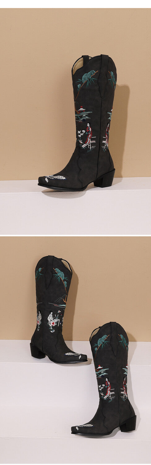 Women's Printed Embroider Block Heel Western Boots