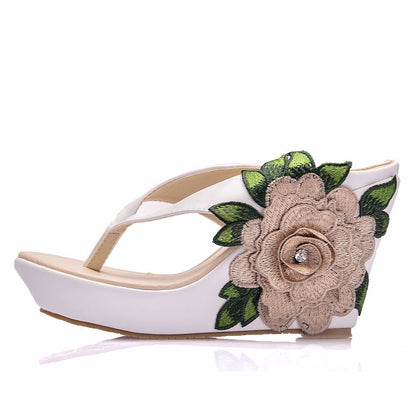 Women Embroidery Flora Wedge Heel Flip Flops