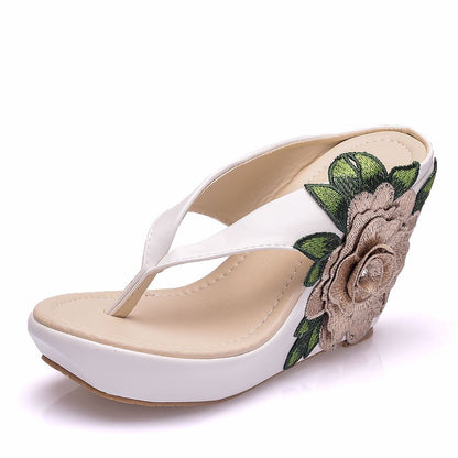 Women Embroidery Flora Wedge Heel Flip Flops