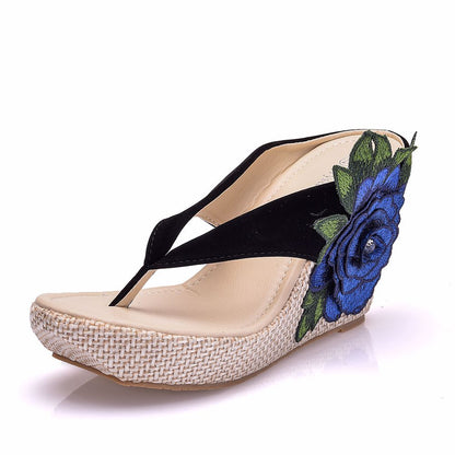 Women Embroidery Flora Wedge Heel Flip Flops