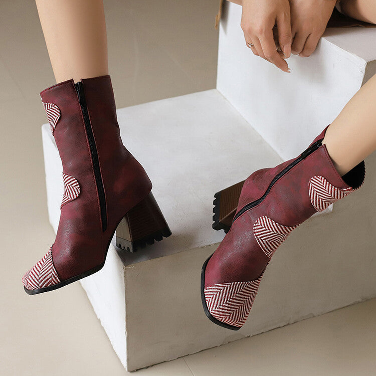 Women's Patchwork Square Toe Block Heel Ankle Boots
