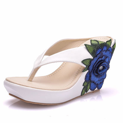 Women Embroidery Flora Wedge Heel Flip Flops