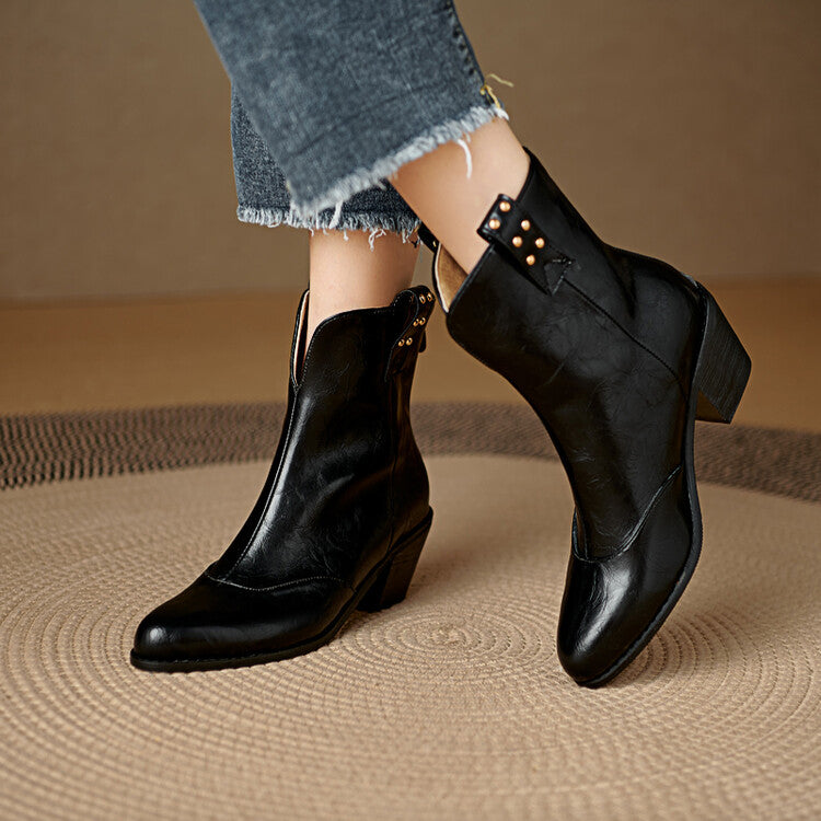 Women's Pointed Toe Square Heel Rivet Studded Ankle Boots
